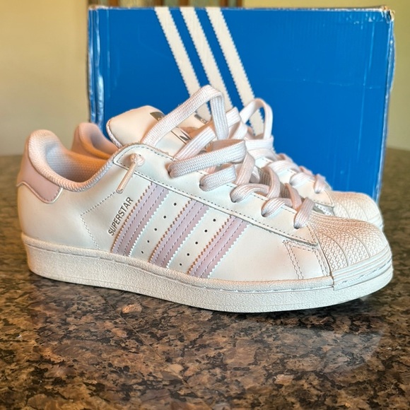 Adidas Superstar White and lavender Sneakers EUC 8.5 - Picture 1 of 16